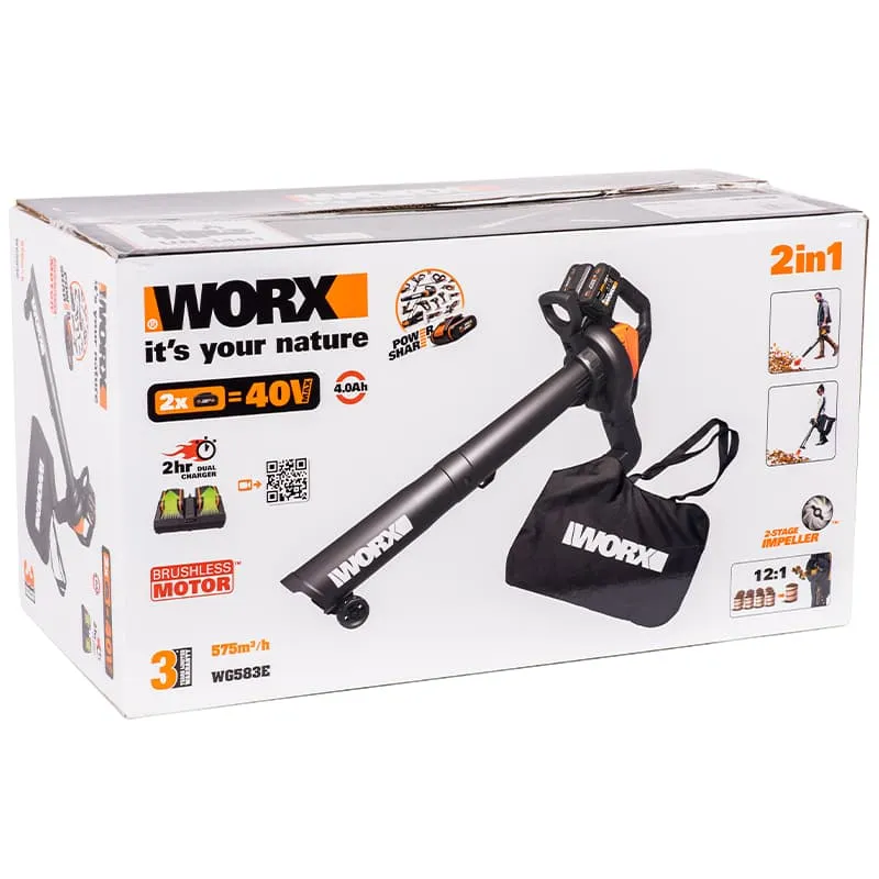 Воздуходувка-пылесос WORX WG583E 40V аккумуляторная бесщеточная — детальное фото