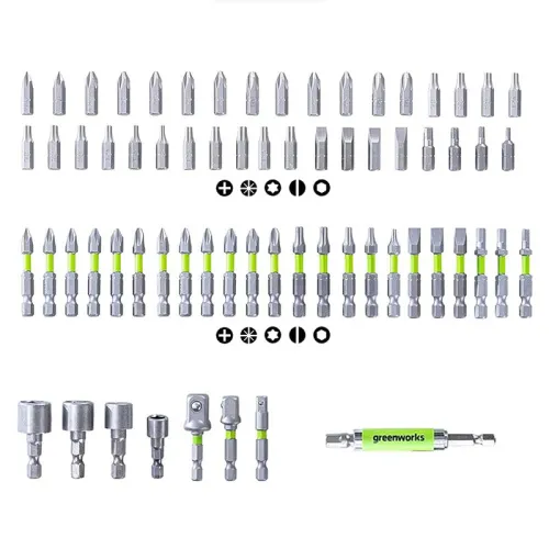 Набор бит, торцевых головок и адаптеров в кейсе Greenworks 2944407 (70 шт.) — детальное фото