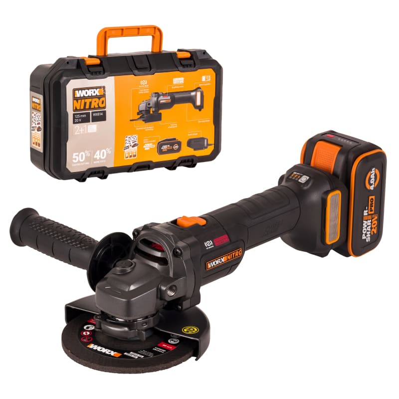 Угловая шлифмашина (болгарка) WORX WX814 20V 125мм бесщеточная аккумуляторная с 4Ач батареей, зарядкой и кейсом
