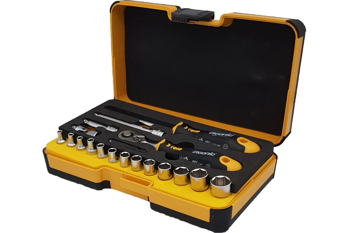 Набор дюймовых головок с трещоткой и отверткой 1/4" Felo ERGONIC в кейсе, 19 шт 05781956 — детальное фото