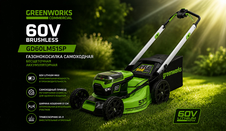 Газонокосилка самоходная Greenworks GD60LM51SP 60V 2514307 (51 см) бесщеточная аккумуляторная